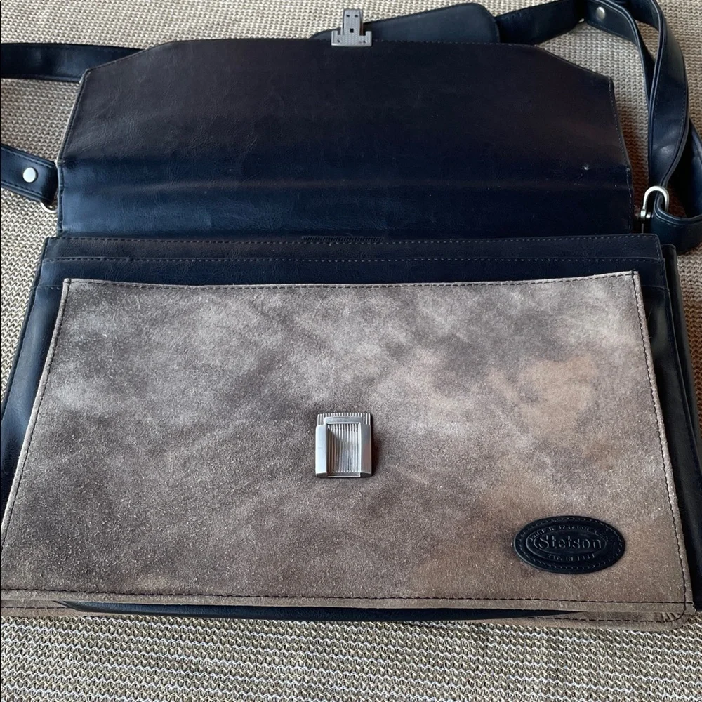 Stetson Taupe Brown Suede Men's Briefcase and laptop with Black Trim.